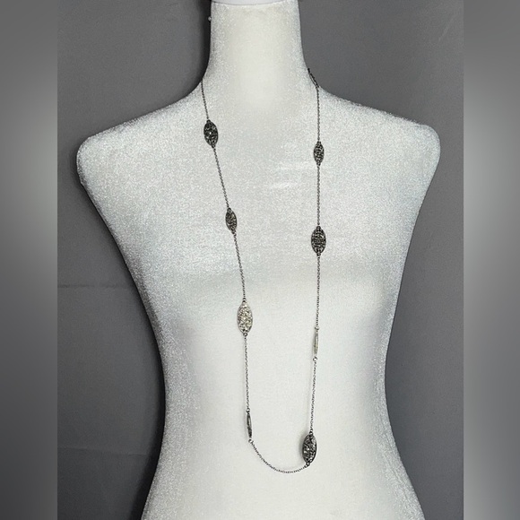 Long Filigree Marcasite Style Oval Link Necklace | 36” Adjustable Silver Tone - Picture 2 of 5